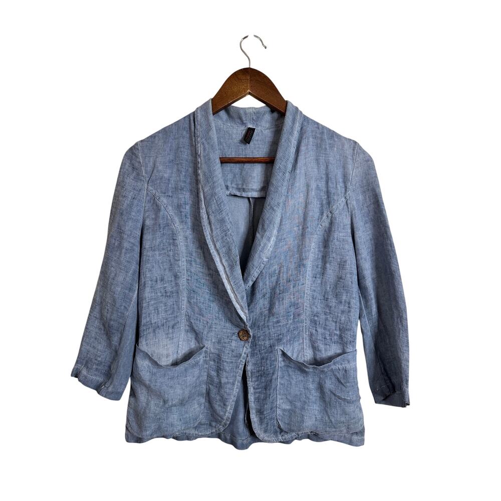 Inizio Linen Jacket Blazer Blue Shawl Collar Single Button Womans S Lagenook